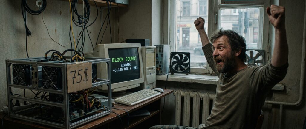 Соло-майнер добыл блок биткоина за 75 долларов
