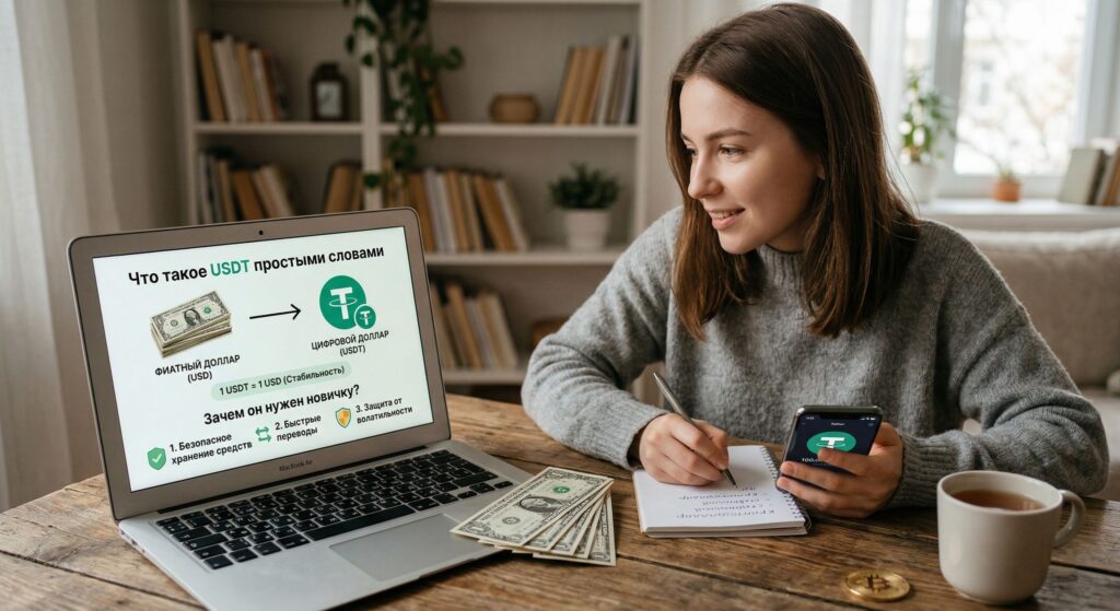 Девушка изучает, что такое USDT простыми словами, рядом ноутбук с объяснением цифрового доллара и смартфон с приложением Tether
