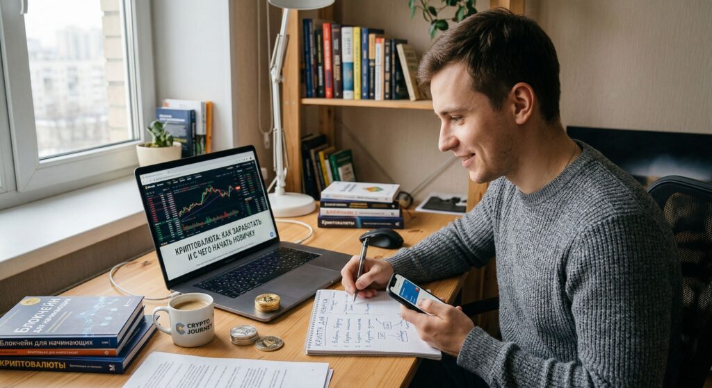 Молодой мужчина изучает, как начать зарабатывать на криптовалюте, смотрит график на ноутбуке и делает заметки для новичков