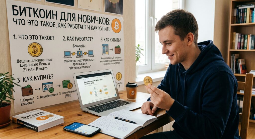 Молодой мужчина изучает биткоин для новичков, рядом инфографика о том, что это такое, как работает и как купить Bitcoin