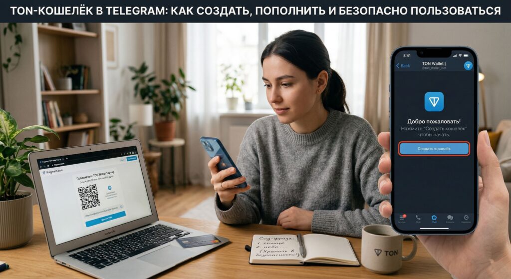 Создание TON-кошелька в Telegram через бот @wallet — экран приветствия с кнопкой «Создать кошелёк» и страница пополнения Fragment на ноутбуке