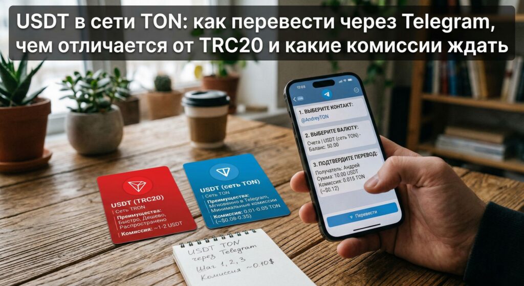 Сравнение USDT TRC20 и USDT в сети TON по комиссиям — карточки с характеристиками сетей и экран подтверждения перевода 10 USDT в Telegram с комиссией 0.015 TON
