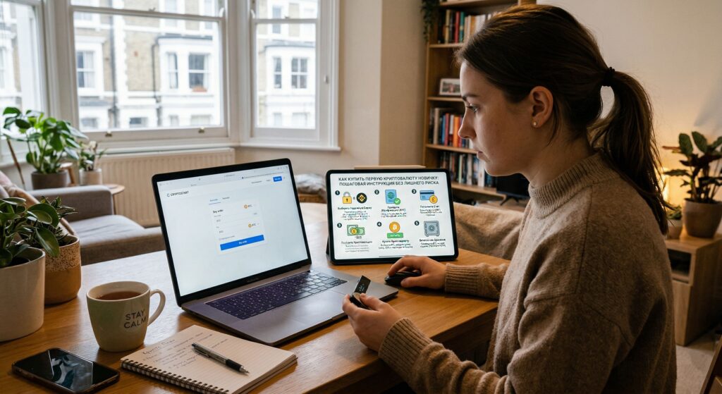 Девушка покупает первую криптовалюту на ноутбуке, рядом открыта пошаговая инструкция для новичков без лишнего риска