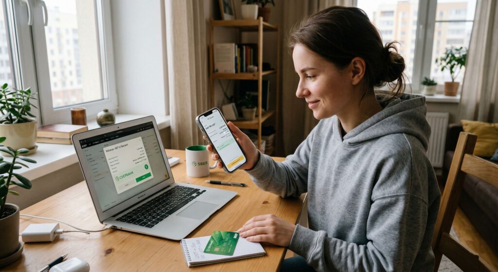 Вывод USDT на карту Сбербанка через P2P биржу — экран подтверждения перевода на ноутбуке, зелёная карта Сбербанк и телефон с деталями транзакции