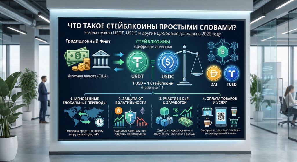 Инфографика о стейблкоинах простыми словами: USDT, USDC и другие цифровые доллары в 2026 году