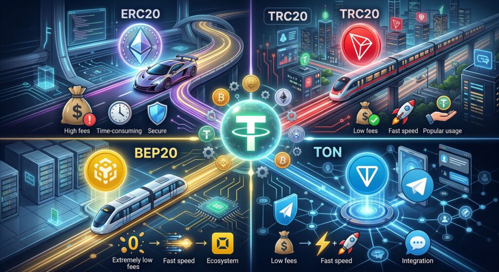 Как выбрать сеть для перевода USDT: TRC20, ERC20, TON и BEP20 простыми словами