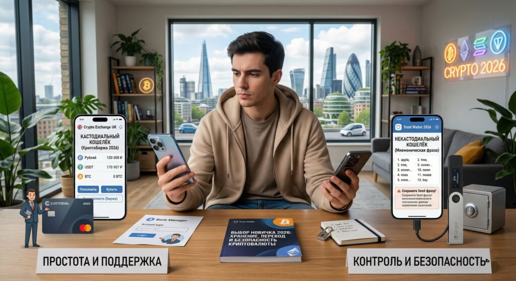 Кастодиальный и некастодиальный кошелёк в 2026 году: что выбрать новичку для хранения, перевода и безопасности криптовалюты
