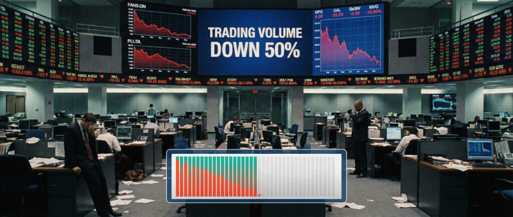 Объем торгов на биржах упал вдвое