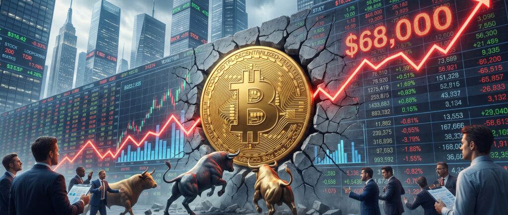Биткоин уперся в сопротивление $68 000